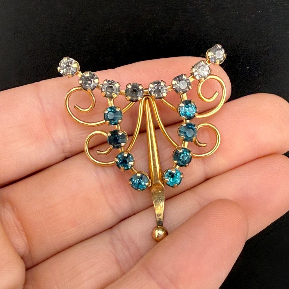 Vintage AMCO Brooch Gold Blue Rhinestone Gold Filled Mid Century Fan